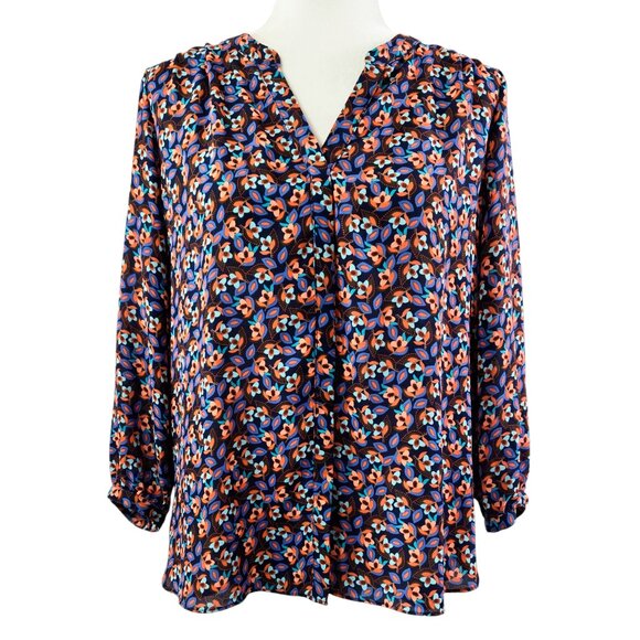 NYDJ Multicolor Abstract Floral Split Neck Pintuck Blouse Colorful Artsy - Picture 1 of 9